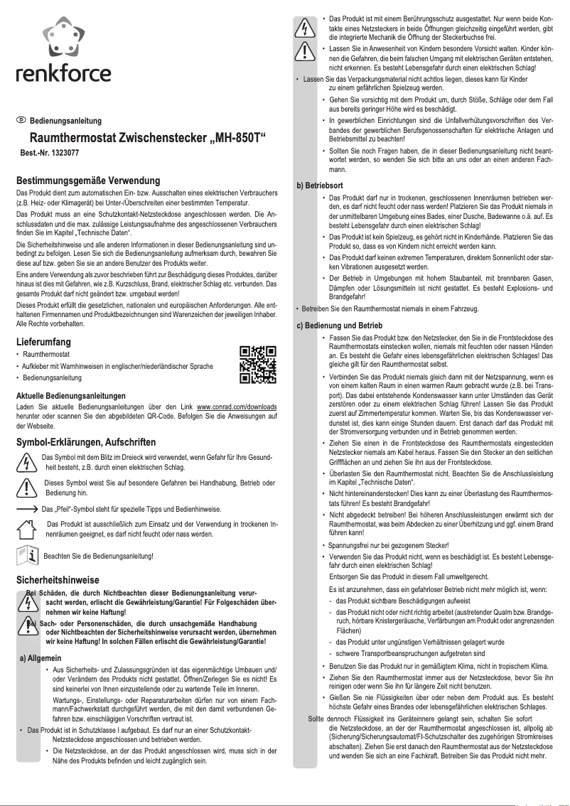 Page 1 de la notice Manuel utilisateur Renkforce MH-850T