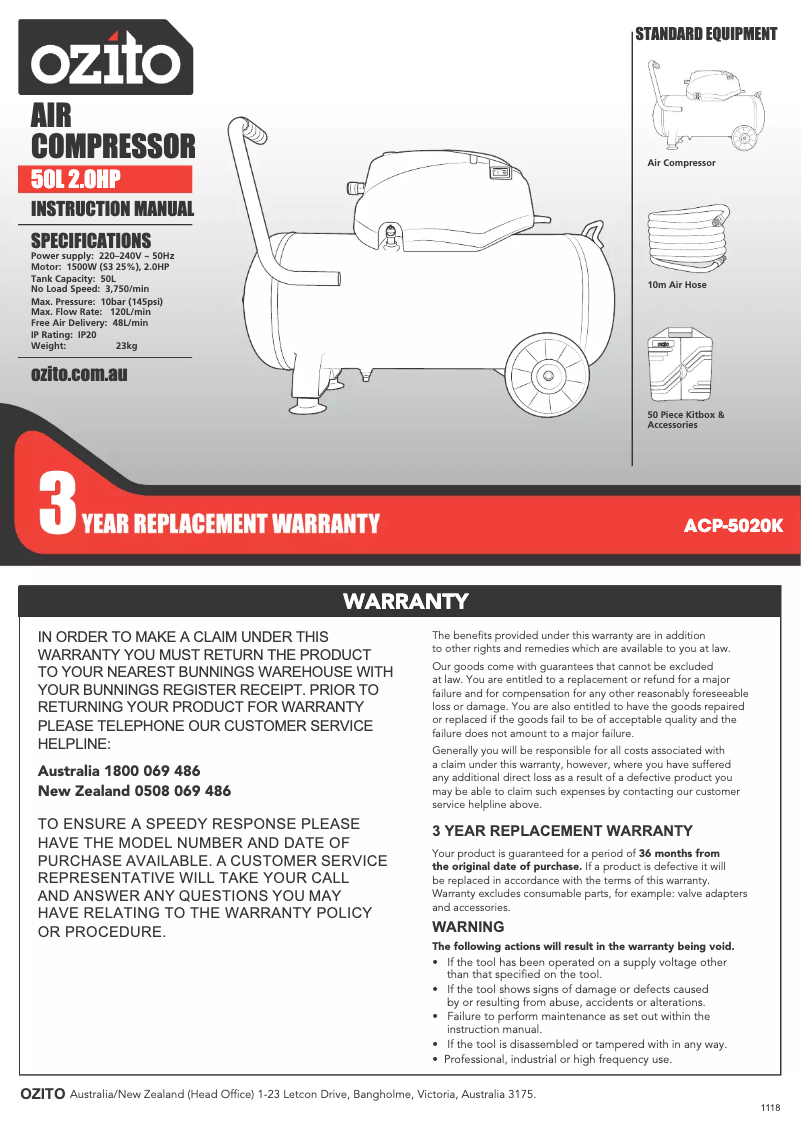 Page 1 de la notice Mode d'emploi Ozito ACP-5020K