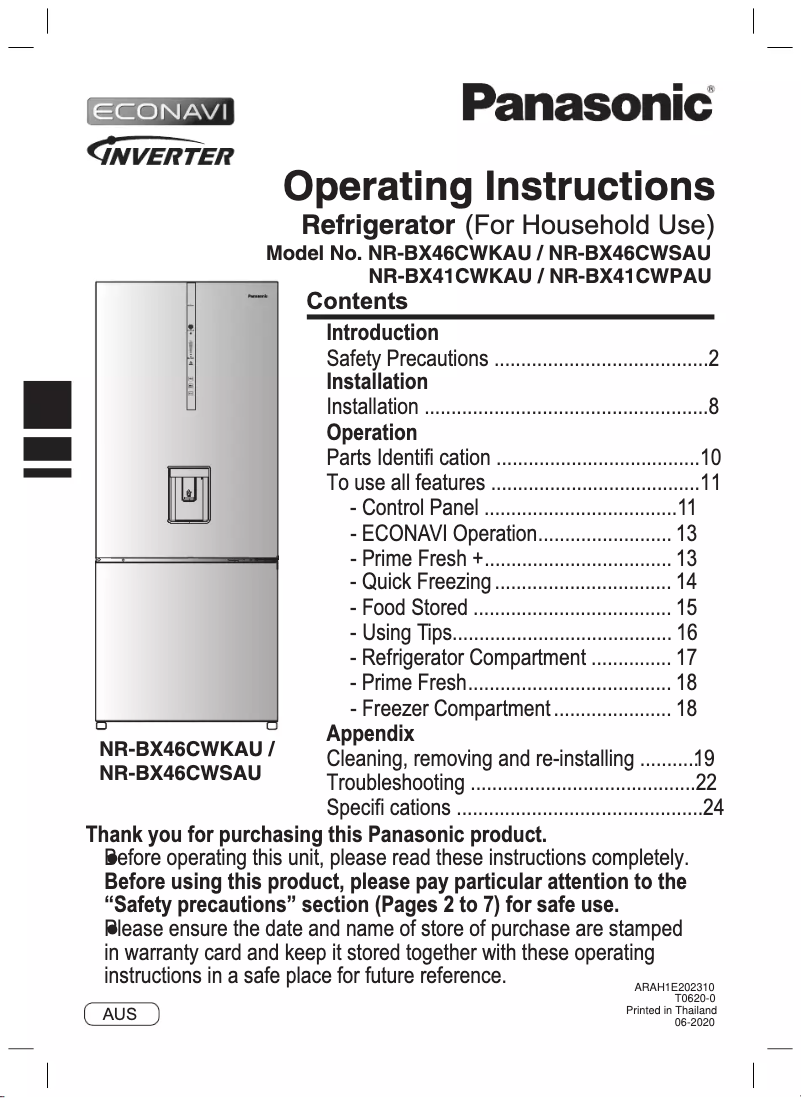Page 1 de la notice Manuel utilisateur Panasonic NR-BX46CWKAU