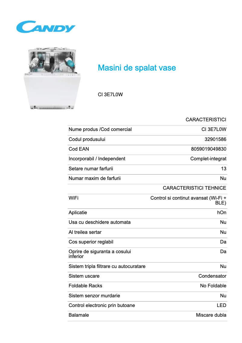 Page 1 de la notice Fiche technique Candy CI 3E7L0W