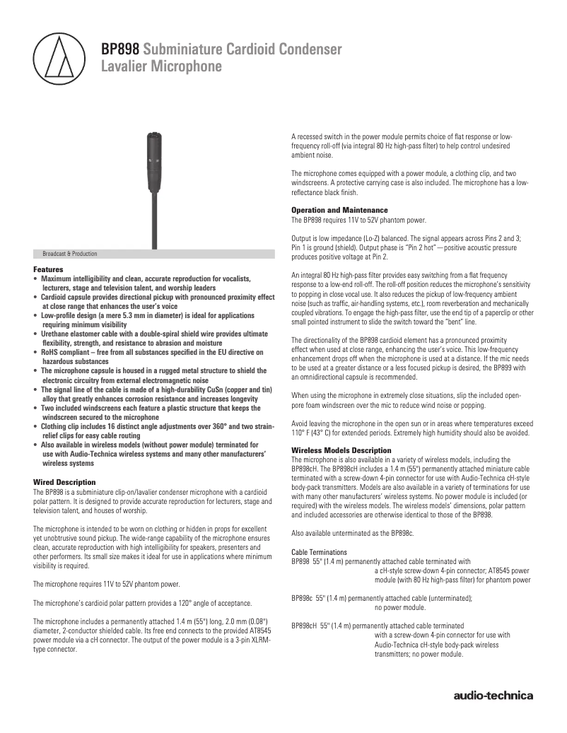 Page n°1 - Fiche technique Audio-Technica BP898