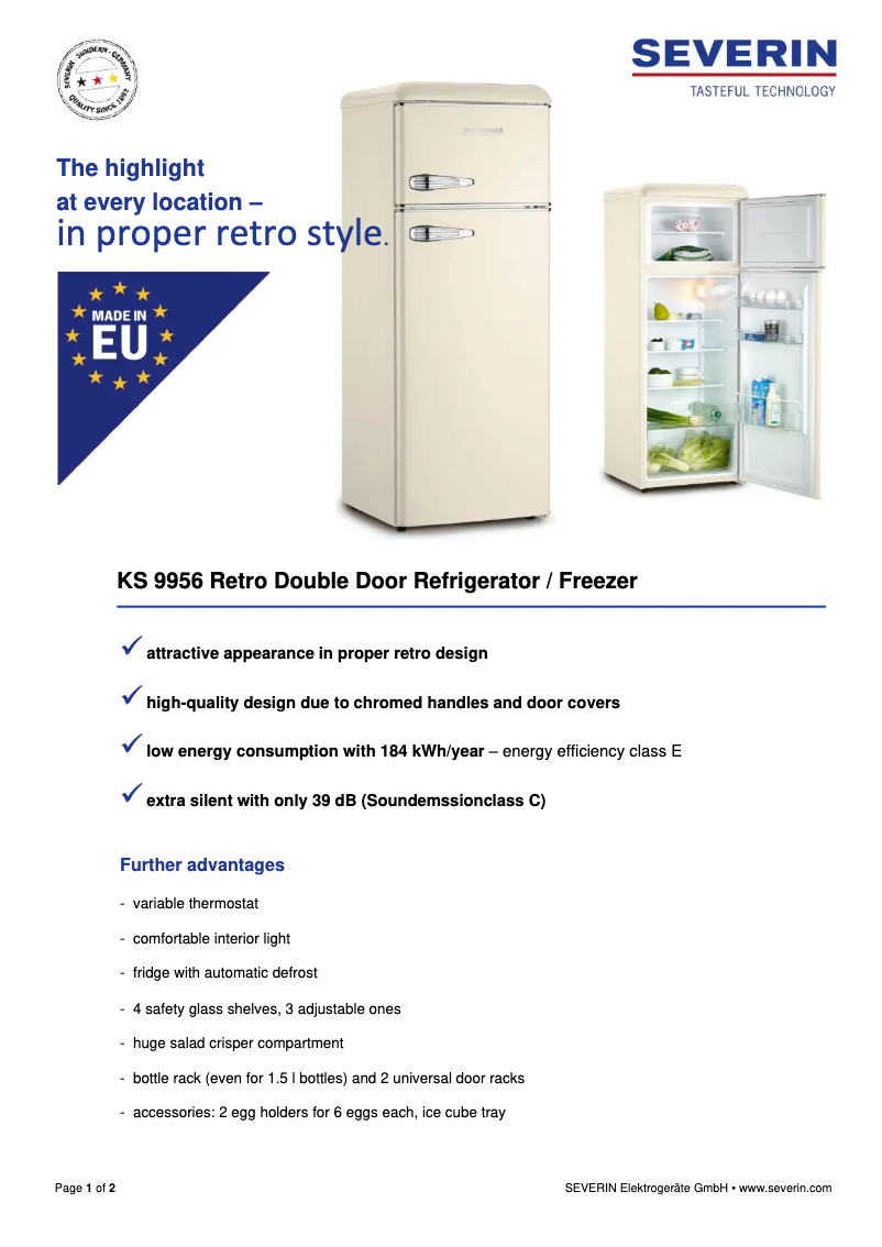 Page 1 de la notice Fiche technique Severin KS 9956
