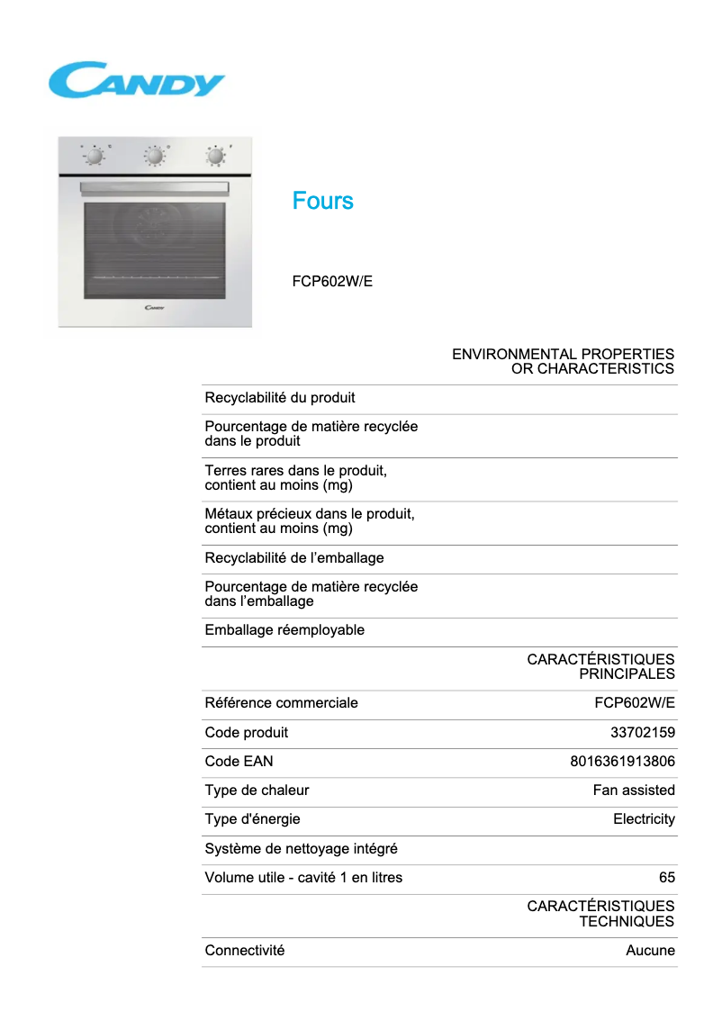 Page 1 de la notice Fiche technique Candy FCP602W/E