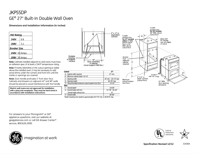 Page n°1 - Fiche technique GE JKP55DPWW
