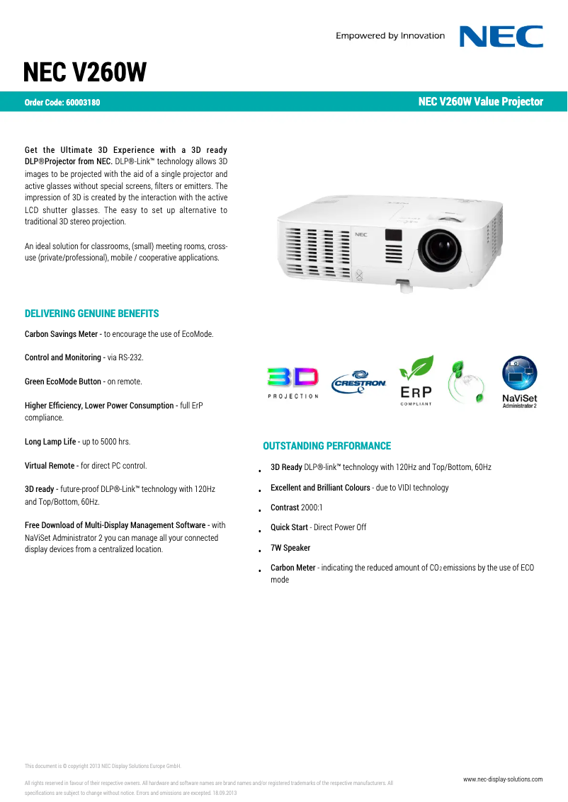 Page 1 de la notice Fiche technique NEC V260W