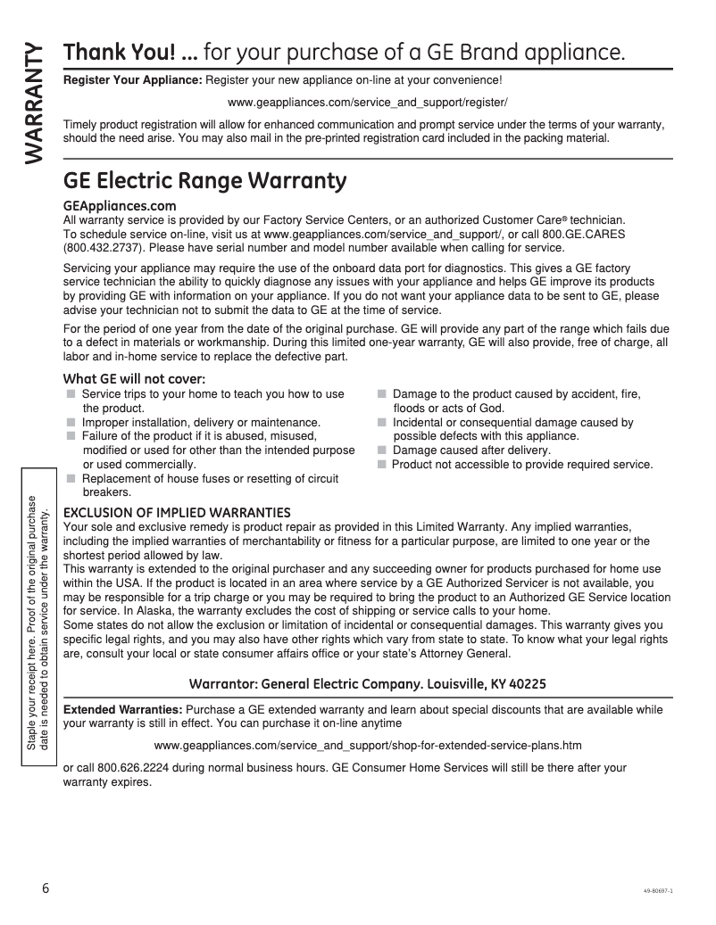 Page 1 de la notice Informations de garantie GE Profile PT7800SHSS