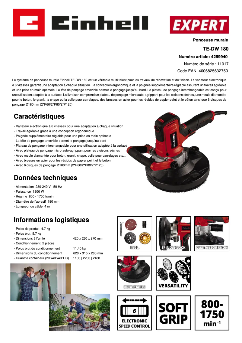 Page n°1 - Fiche technique Einhell TE-DW 180