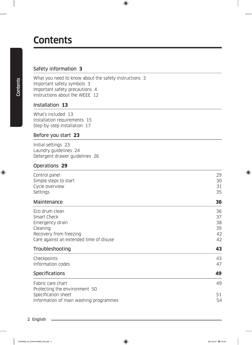 Page n°1 - Guide d'installation Samsung WW80J6413EW