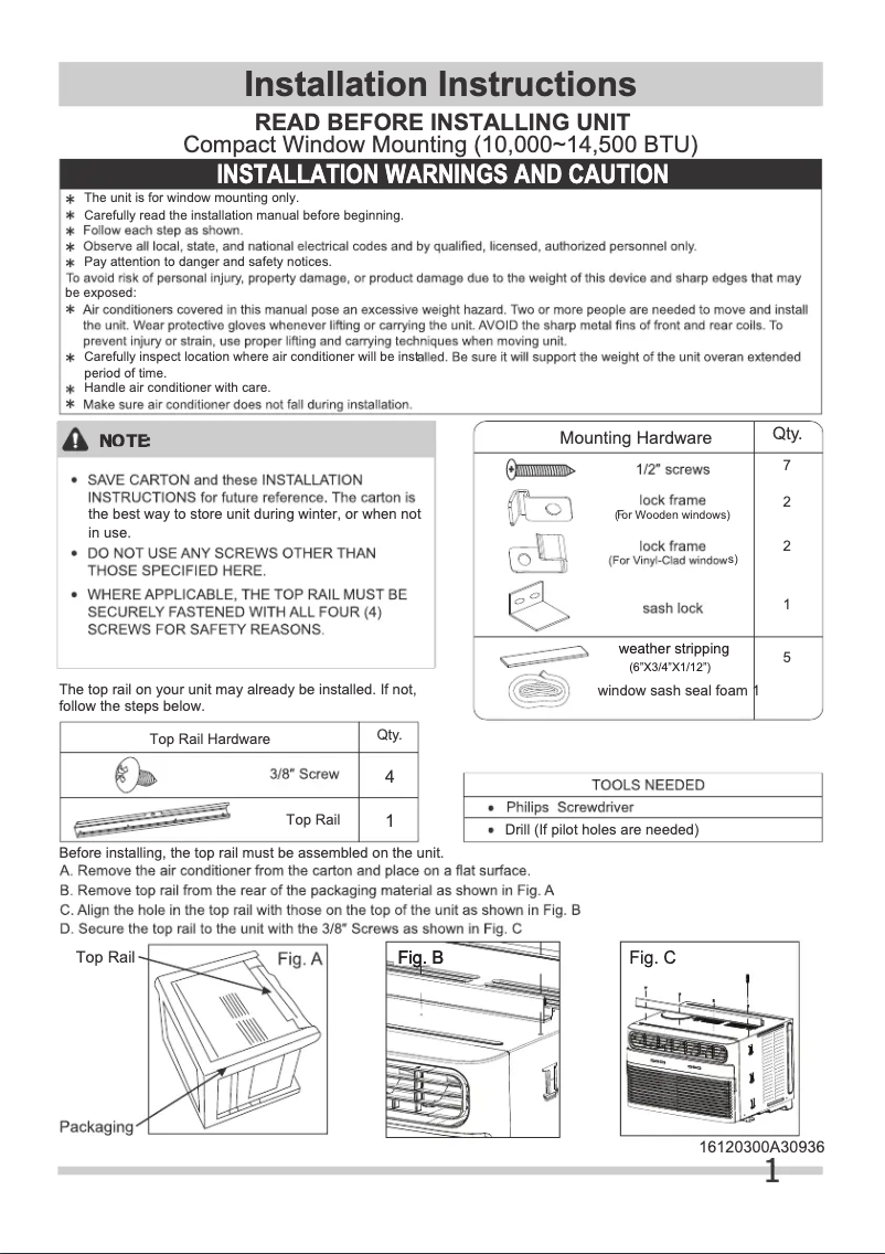 Page n°1 - Guide d'installation Frigidaire FHWW144TE1