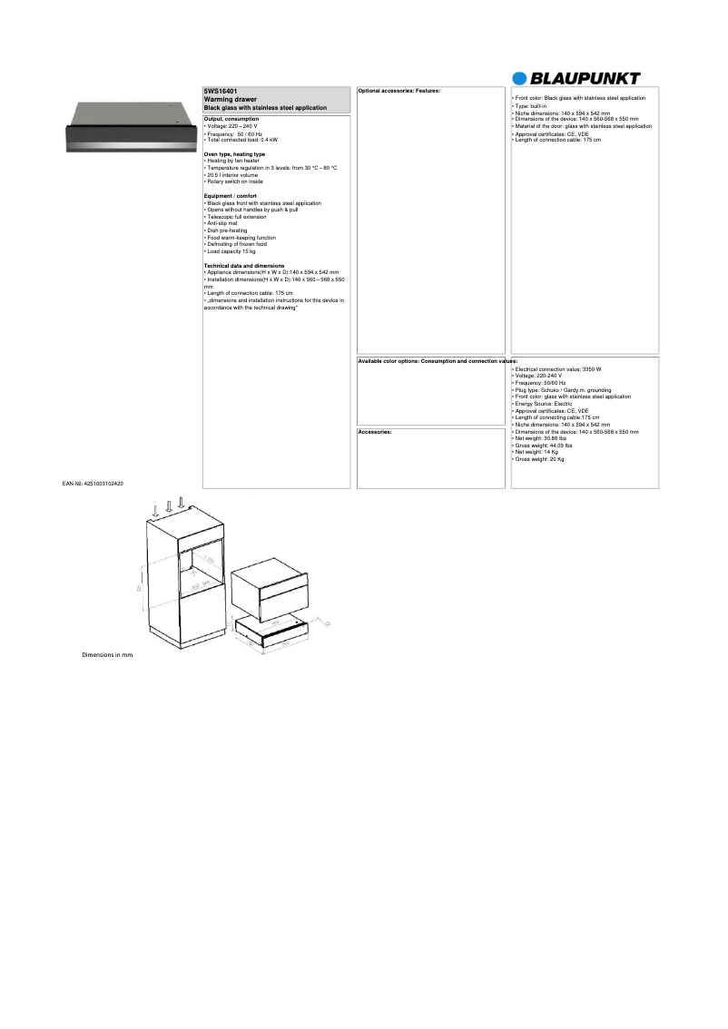 Page n°1 - Fiche technique Blaupunkt 5WS16401