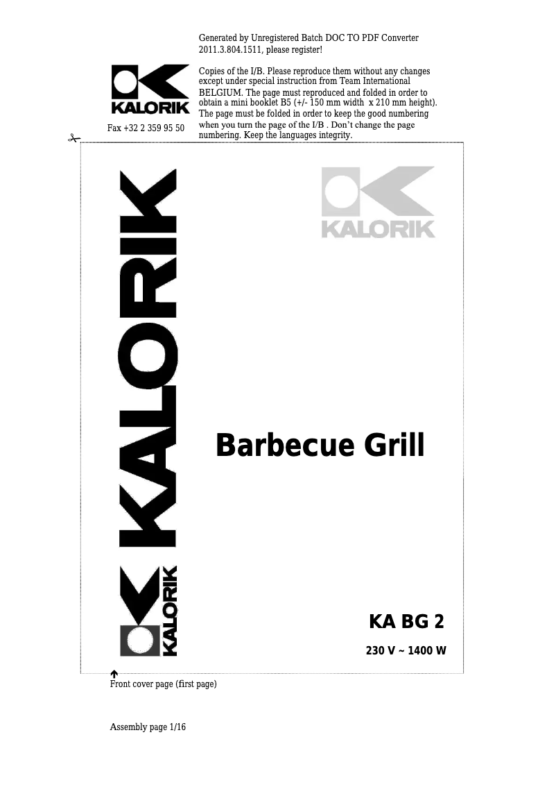 Page 1 de la notice Manuel utilisateur Kalorik KA BG 2