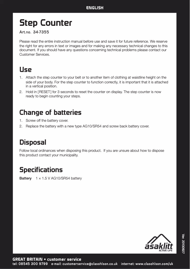 Page 1 de la notice Manuel utilisateur Asaklitt 34-7355