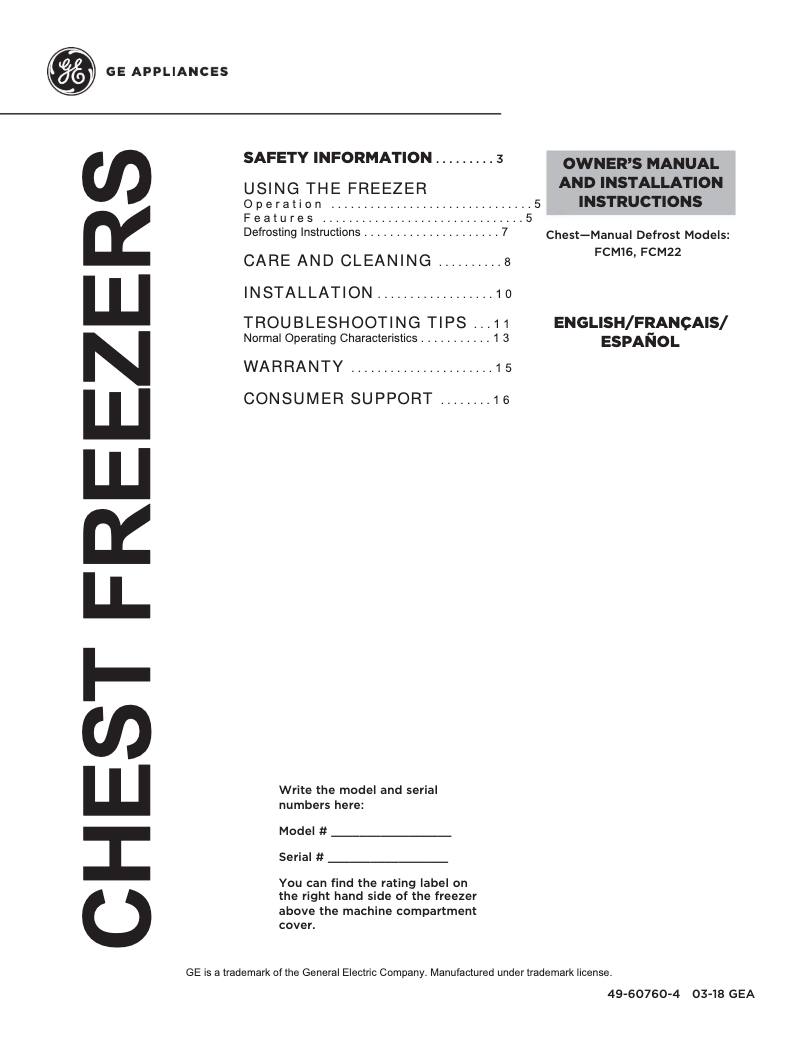 Page n°1 - Manuel utilisateur GE FCM16SLWW