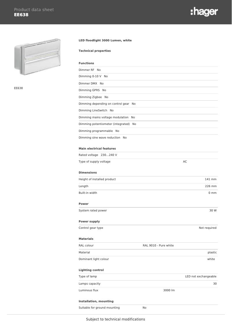 Page 1 de la notice Fiche technique Hager EE638