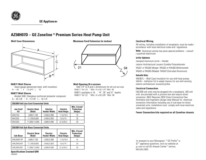 Page 1 de la notice Fiche technique GE AZ58H07DAC