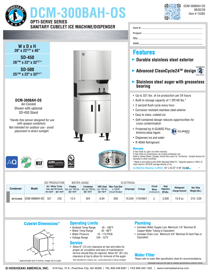 Page 1 de la notice Fiche technique Hoshizaki DCM-300BAH-OS