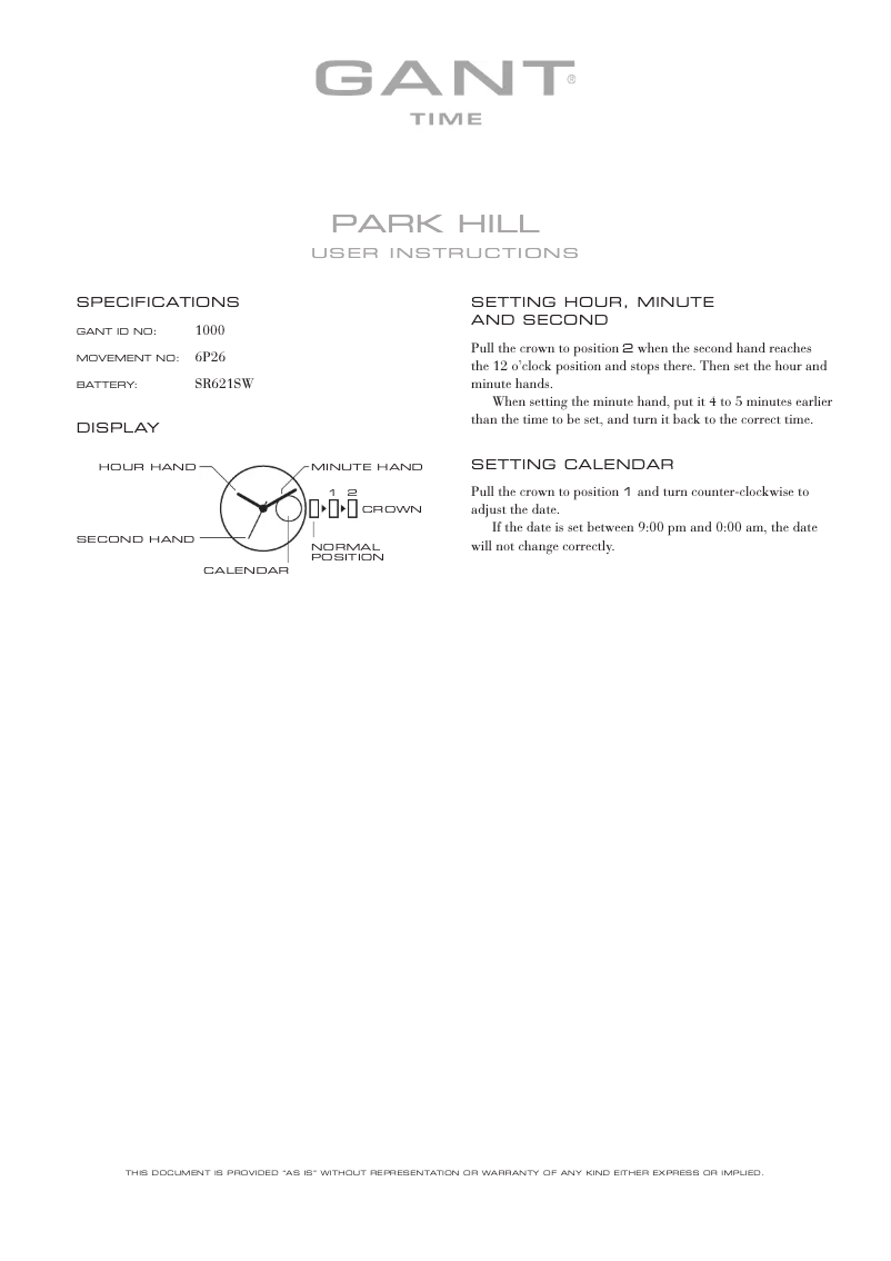 Page n°1 - Manuel utilisateur Gant Park Hill 1000