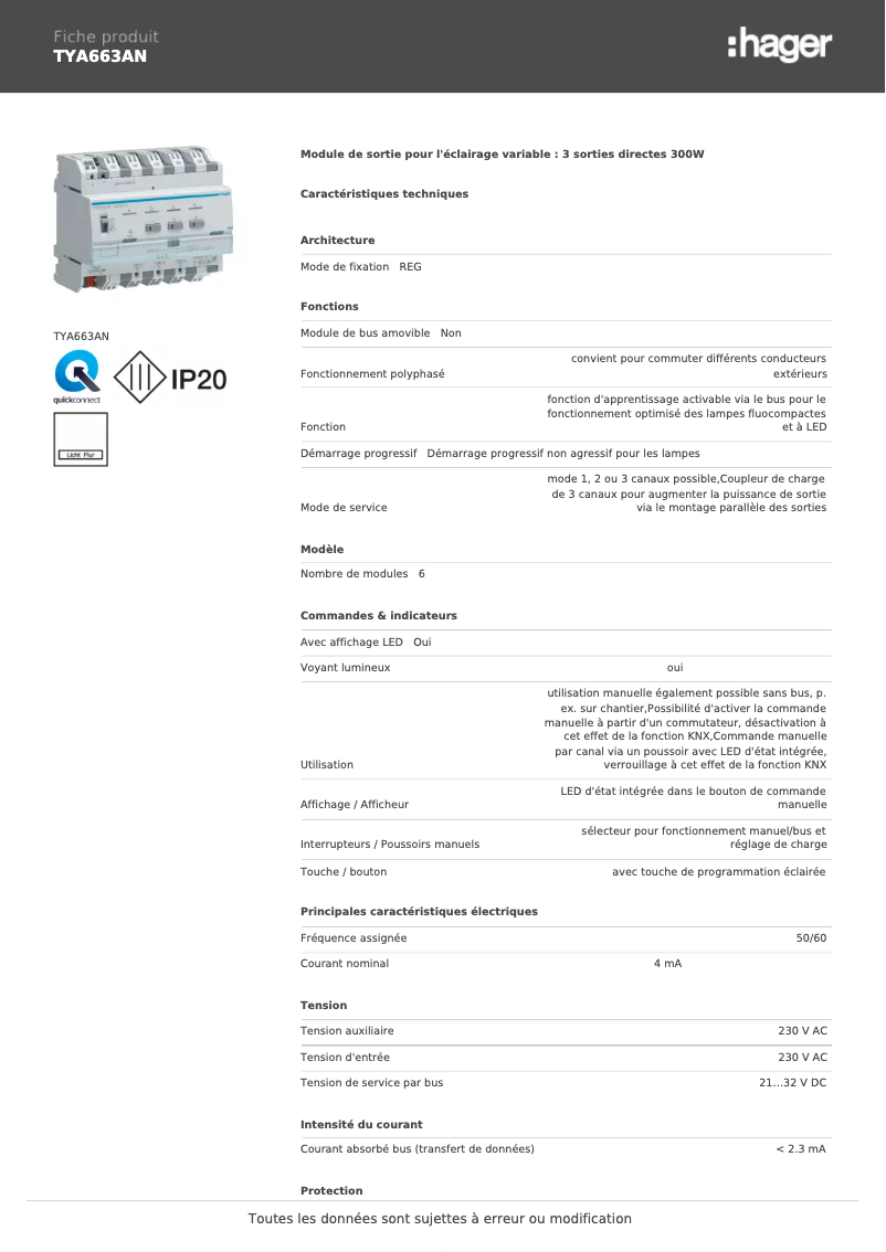 Page 1 de la notice Fiche technique Hager TYA663AN