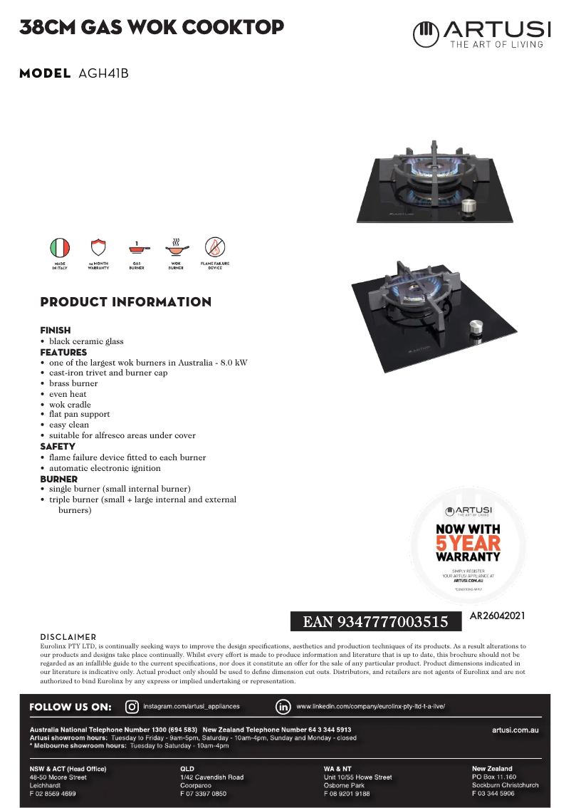 Page 1 de la notice Fiche technique Artusi AGH41B