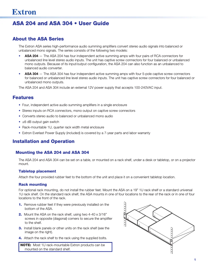 Page 1 de la notice Manuel utilisateur Extron ASA 204