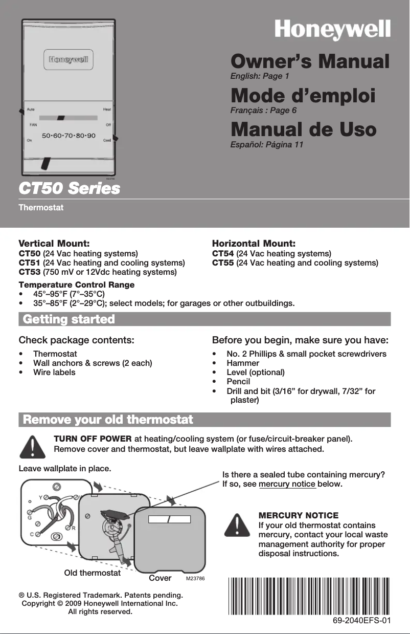 Page 1 de la notice Manuel utilisateur Honeywell CT50K1028