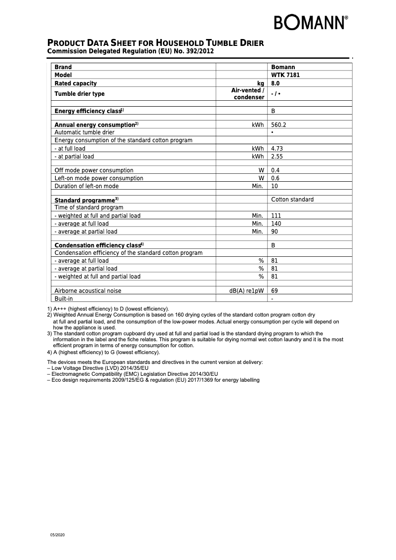 Page 1 de la notice Fiche technique Bomann WTK 7181