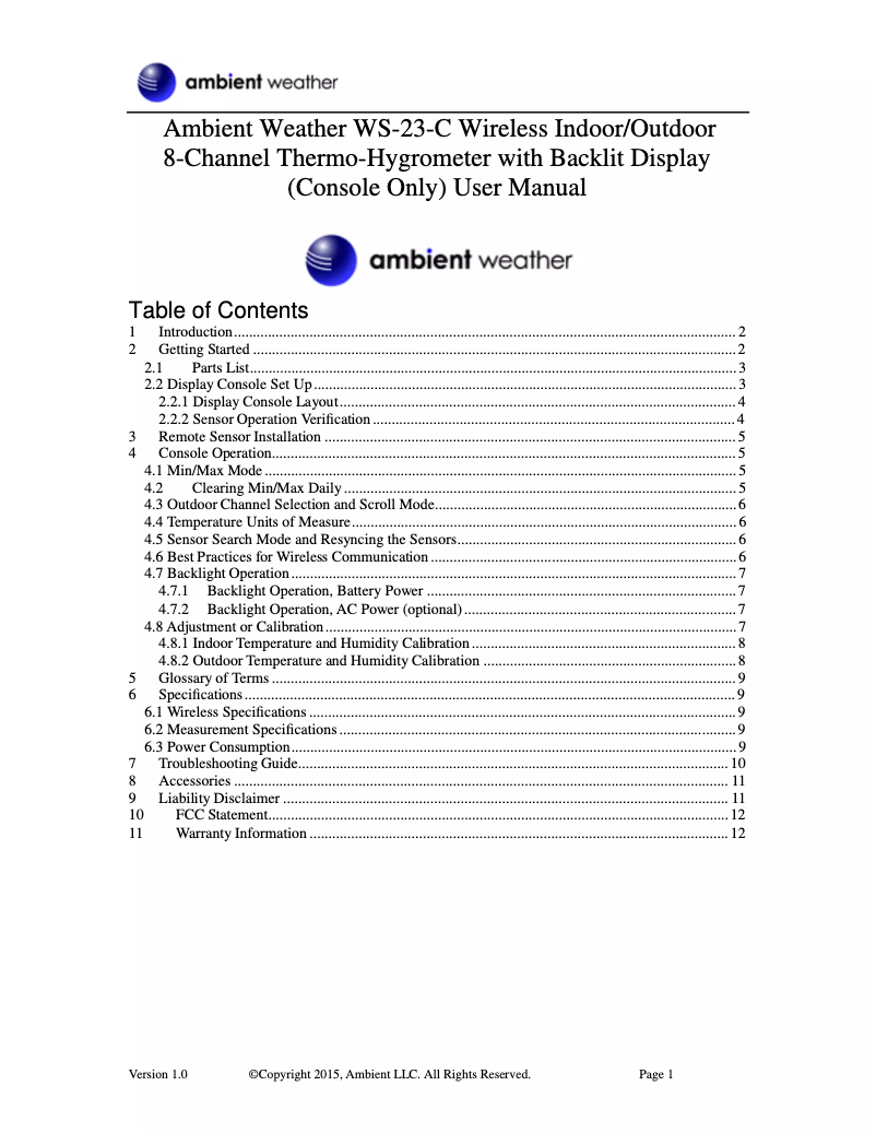 Page n°1 - Manuel utilisateur Ambient Weather WS-23-C