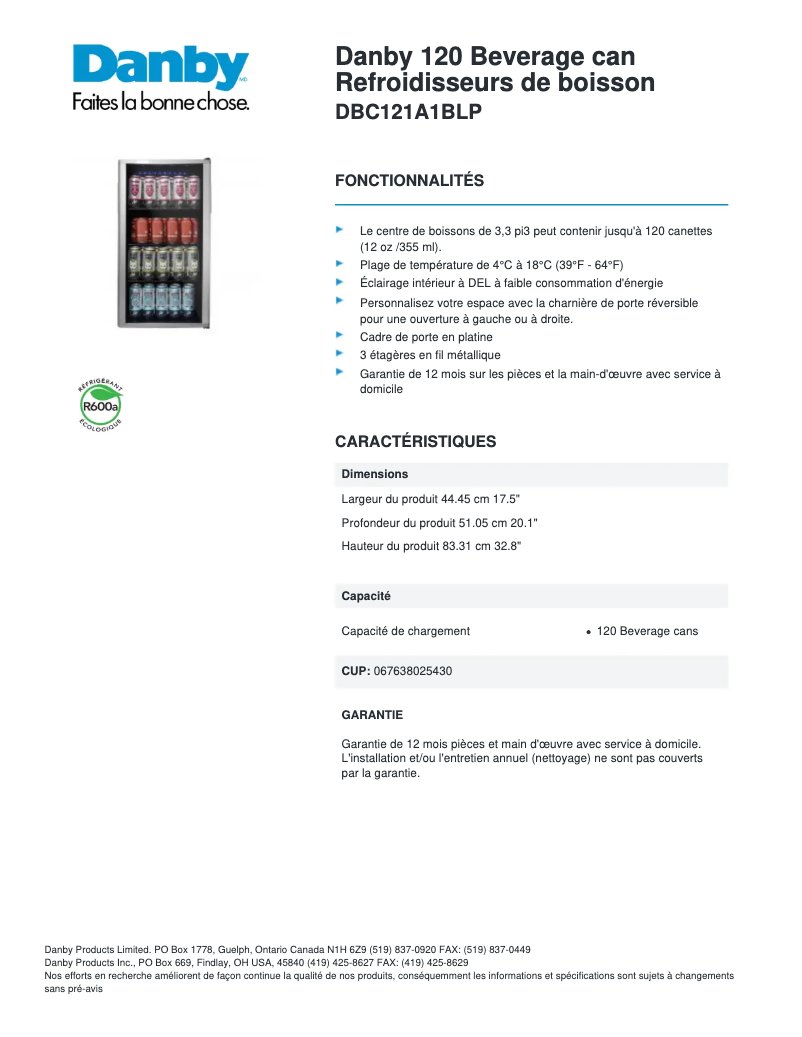 Page 1 de la notice Fiche technique Danby DBC121A1BLP