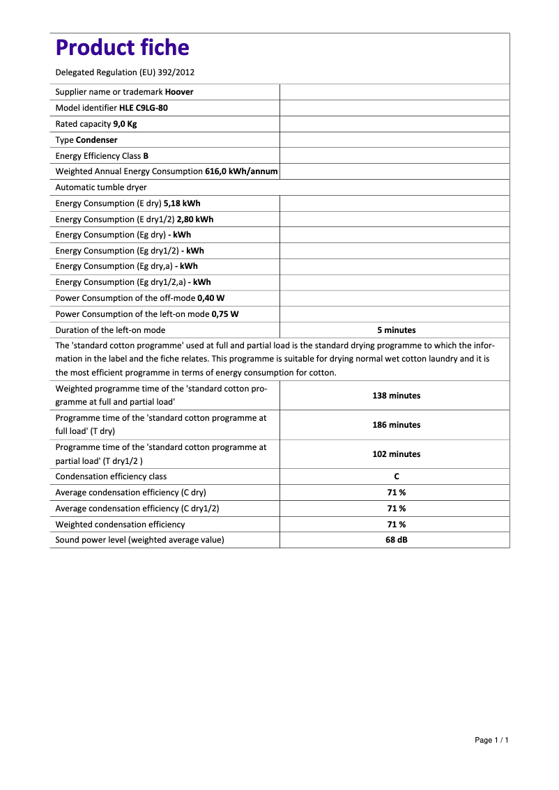 Page 1 de la notice Fiche technique Hoover HLE C9LG-80