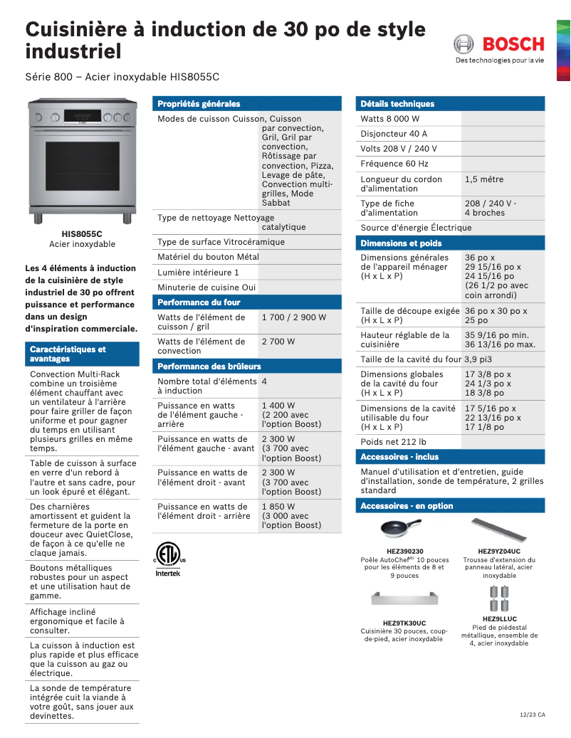 Page 1 de la notice Fiche technique Bosch HIS8055C