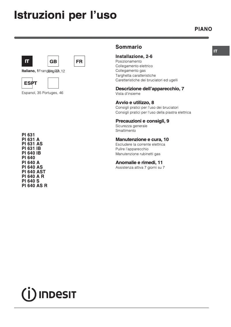 Page 1 de la notice Manuel utilisateur Indesit PI 640 S(IX)