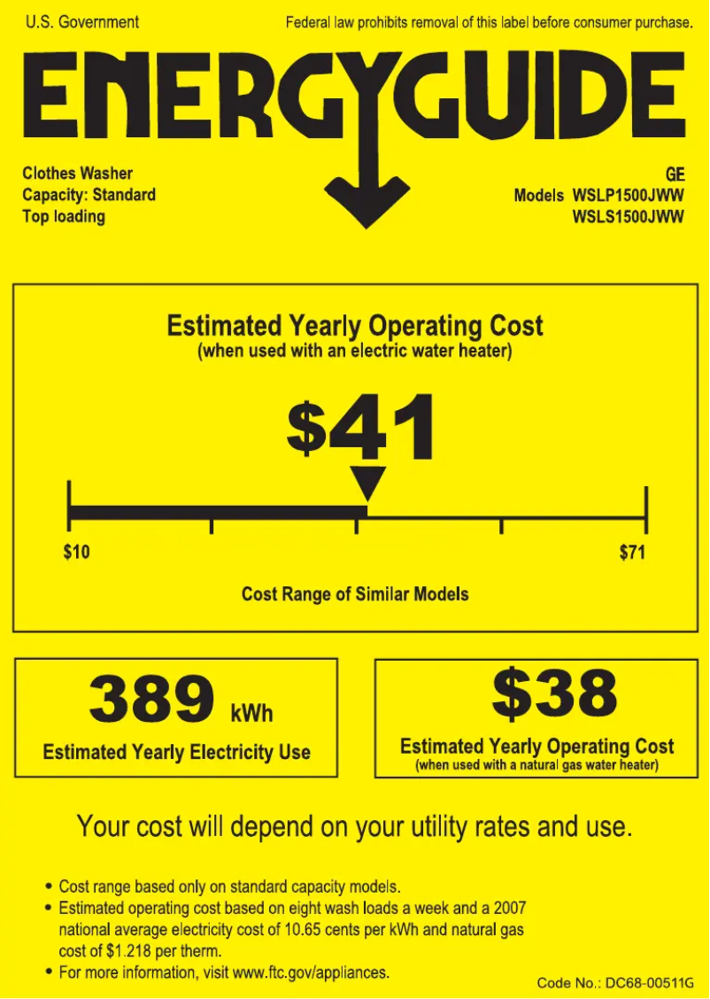Page 1 of the manual Energy Label GE WSLP1500JWW
