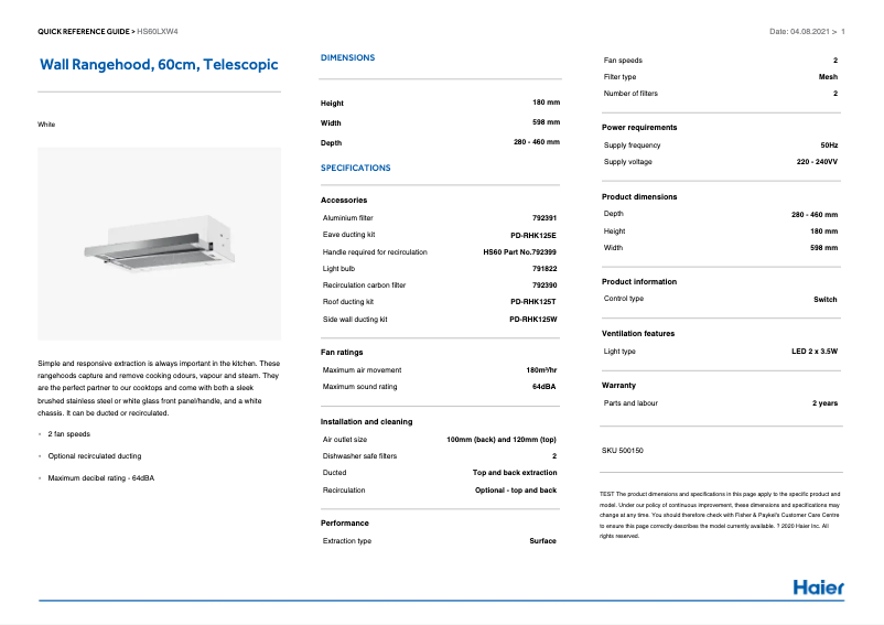 Page 1 de la notice Manuel utilisateur Haier HS60LXW4