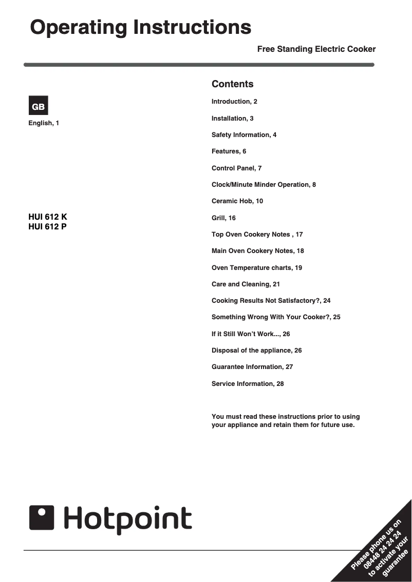 Page 1 de la notice Manuel utilisateur Hotpoint HUI612 K