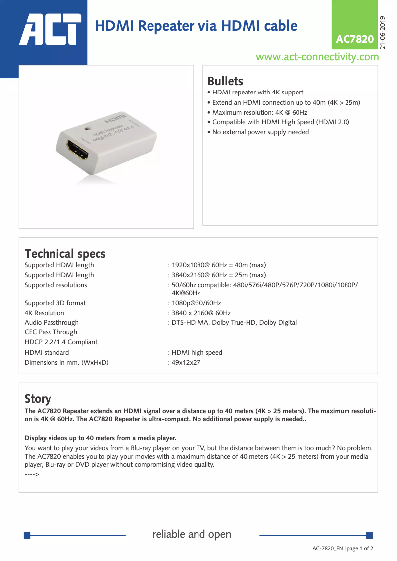 Page 1 de la notice Manuel utilisateur ACT AC7820