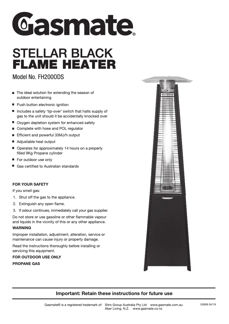 Page 1 de la notice Manuel utilisateur Gasmate FH200ODS