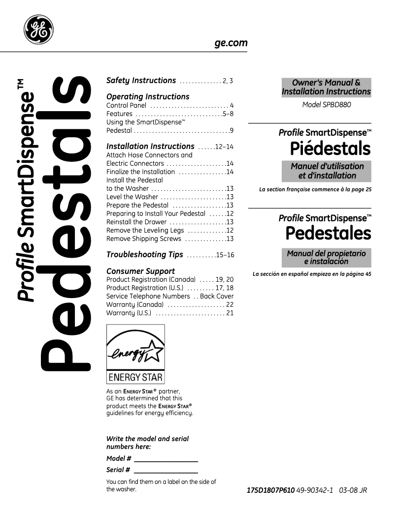 Image de la première page du manuel de l'appareil Profile SPBD880JWW