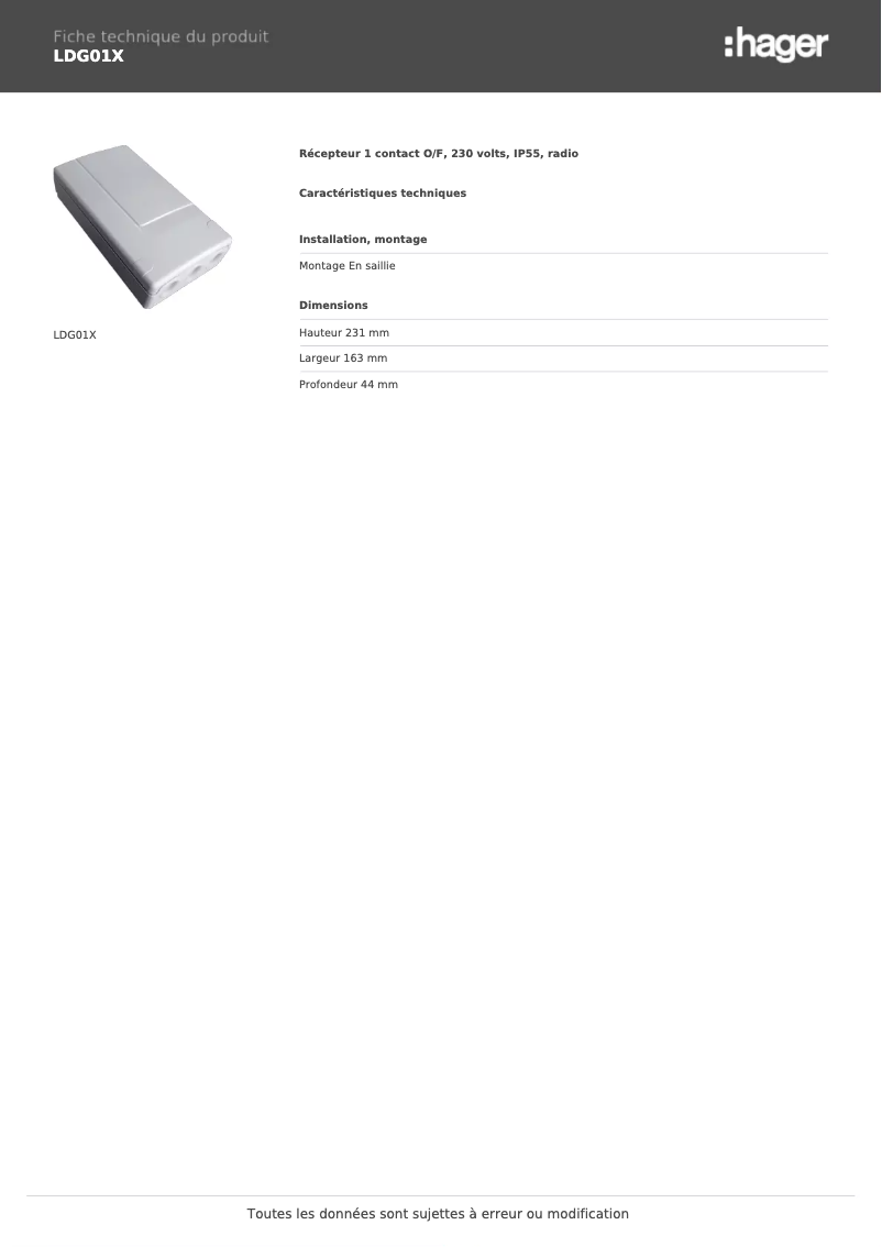 Page 1 de la notice Fiche technique Hager LDG01X