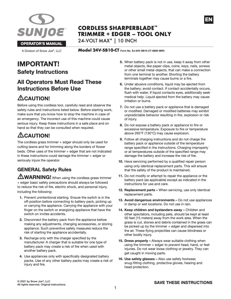 Page n°1 - Manuel utilisateur Sun Joe 24V-SB10-CT