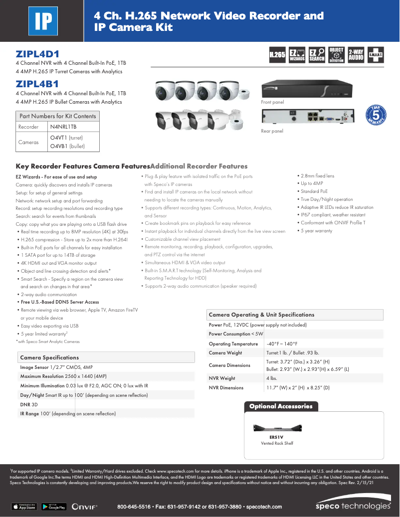 Página 1 del manual Ficha técnica Speco Technologies ZIPL4D1