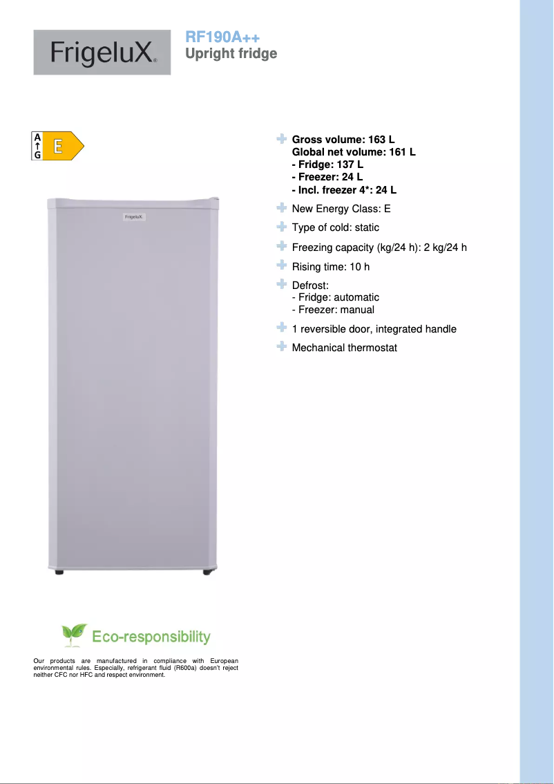 Page n°1 - Fiche technique FrigeluX RF190A++