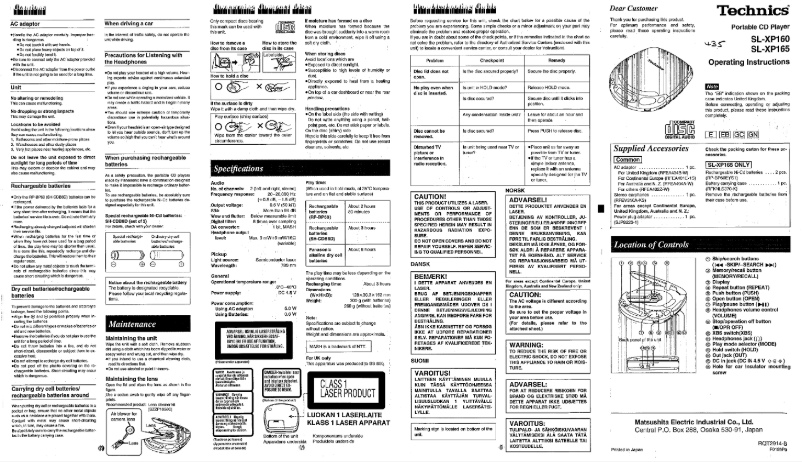 Page 1 de la notice Manuel utilisateur Panasonic SL-XP165