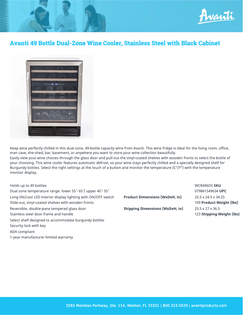 Page 1 de la notice Fiche technique Avanti WCR496DS