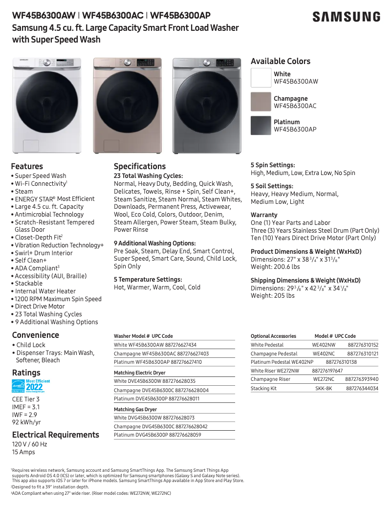 Page n°1 - Fiche technique Samsung WF45B6300AC