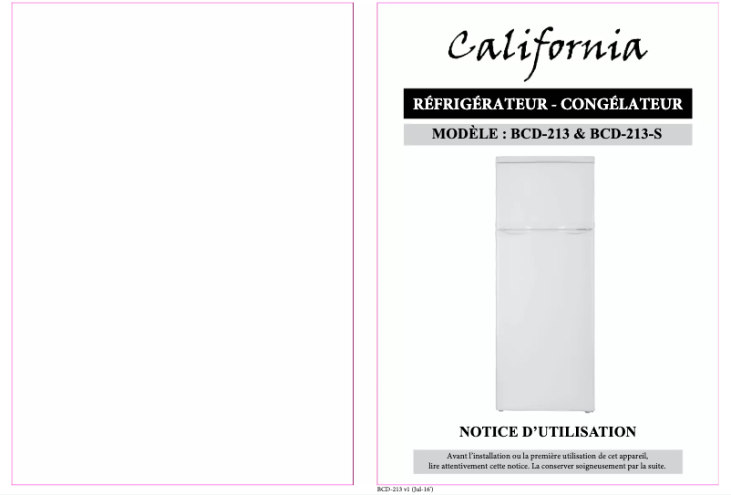 Page n°1 - Manuel utilisateur California BCD-213-S