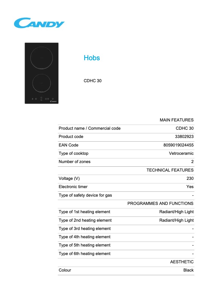 Page 1 de la notice Fiche technique Candy CDHC 30