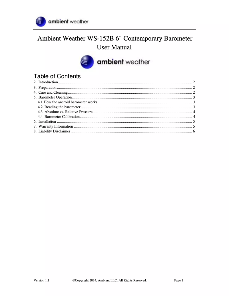 Page n°1 - Manuel utilisateur Ambient Weather WS-152B