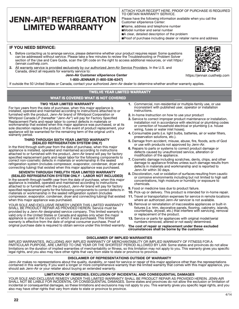 Page n°1 - Informations de garantie JennAir JS42NXFXDW