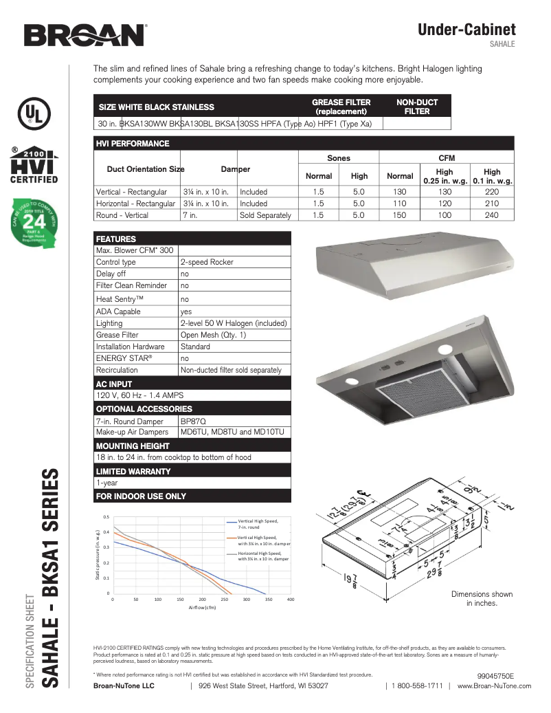 Page 1 de la notice Fiche technique Broan BKSA130BL