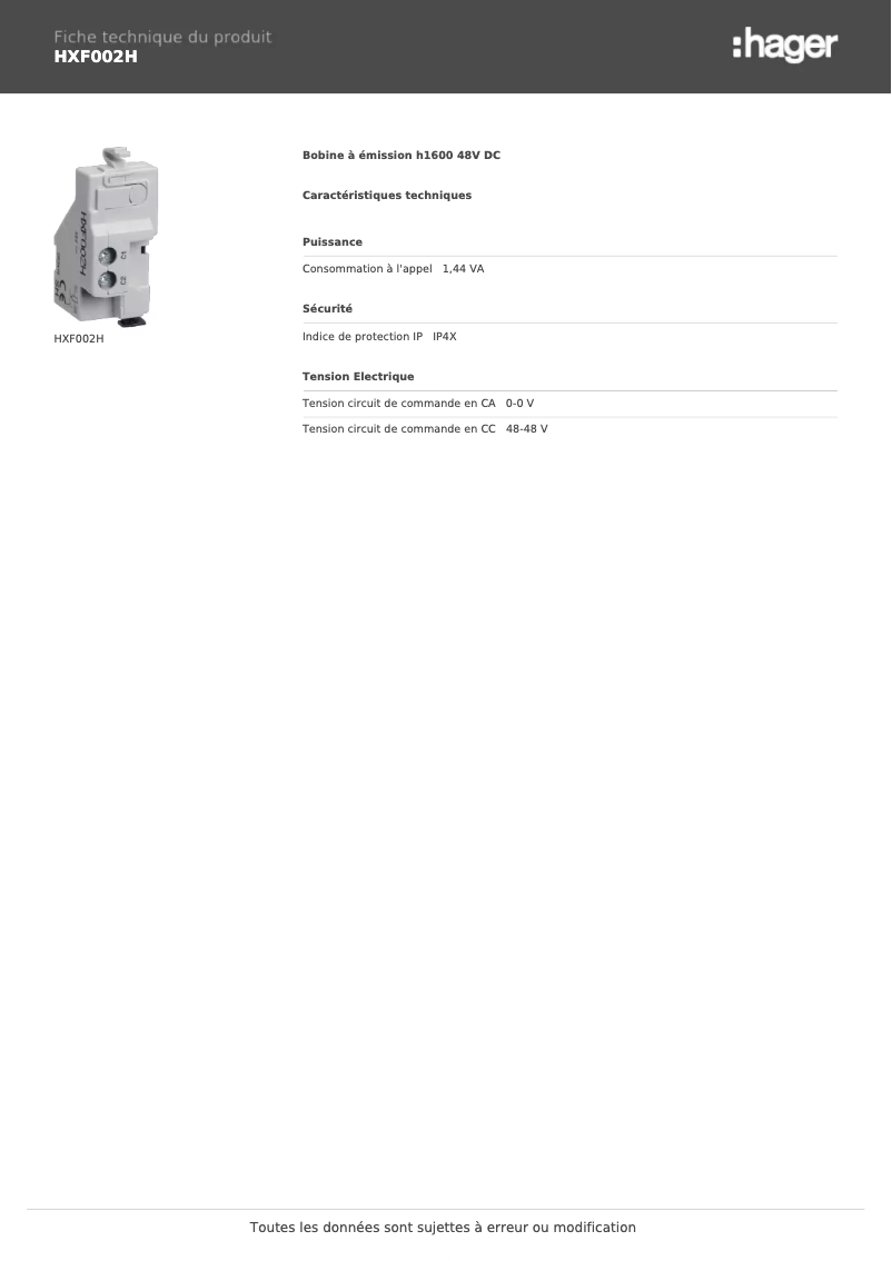 Page n°1 - Fiche technique Hager HXF002H
